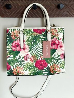 NWT Franco Sarto Palm Paradise Satchel White Multi Faux Leather Tropical Purse